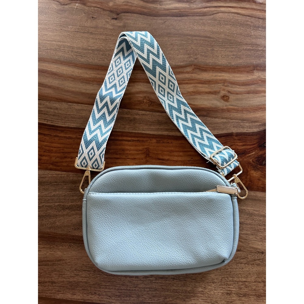 Light Blue Pebbled Crossbody Bag with Geometric Guitar Strap‎ Gold Hardware